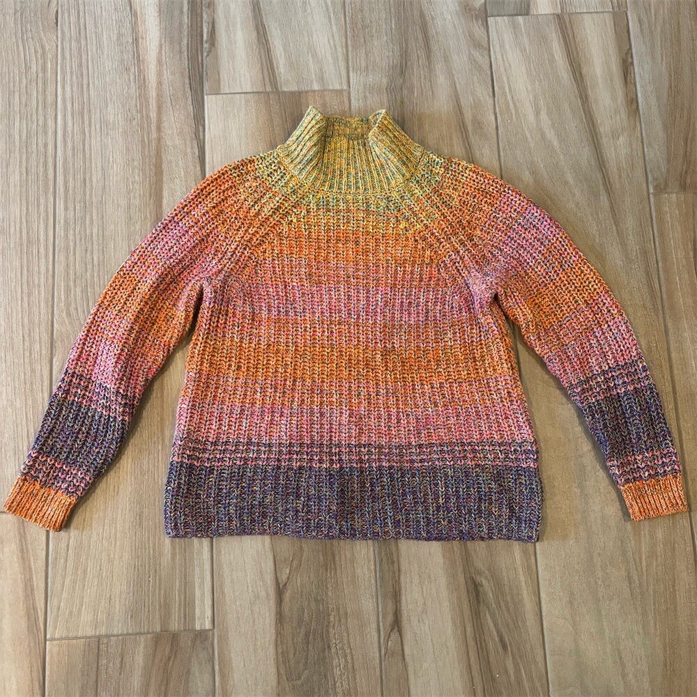 GAP Sweater Womens Medium Rainbow Ombre Striped Chunky Knit Mock Neck